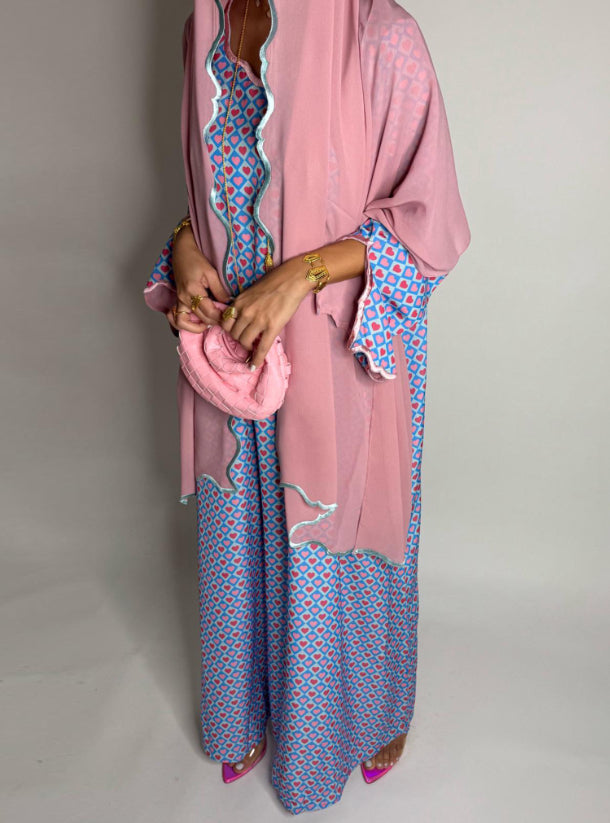 Baby Blue & Pink Heart Pattern Jalabiya with Embroidered Sleeves and Pink Head Scarf