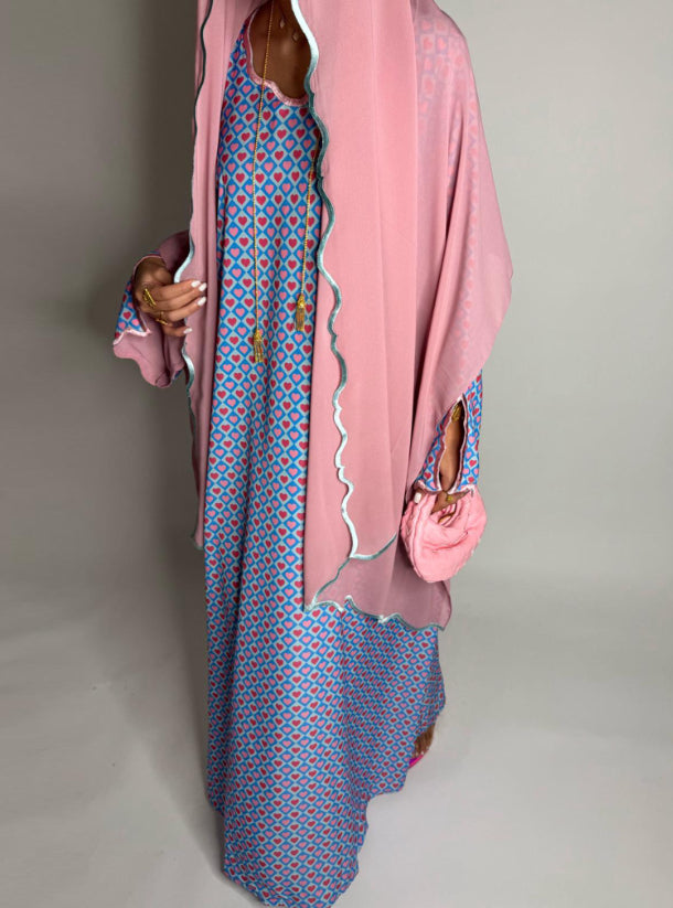 Baby Blue & Pink Heart Pattern Jalabiya with Embroidered Sleeves and Pink Head Scarf