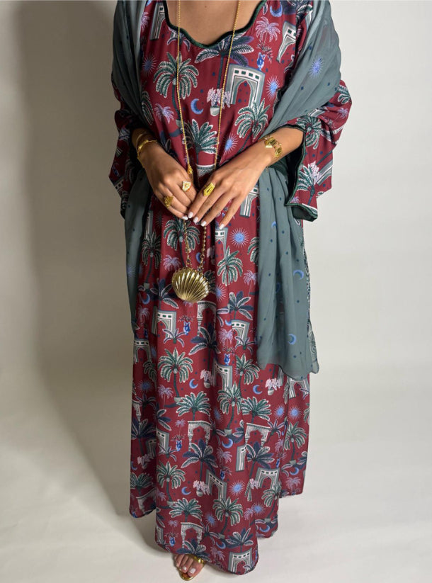 Maroon & Green Moon & Palm Tree Pattern Jalabiya with Matching Green Head Scarf