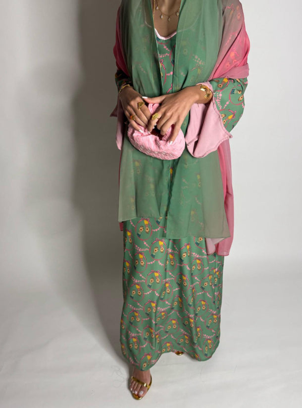 Green & Pink Henna Pattern Jalabiya with Embroidered Sleeves & Matching Ombre Head Scarf