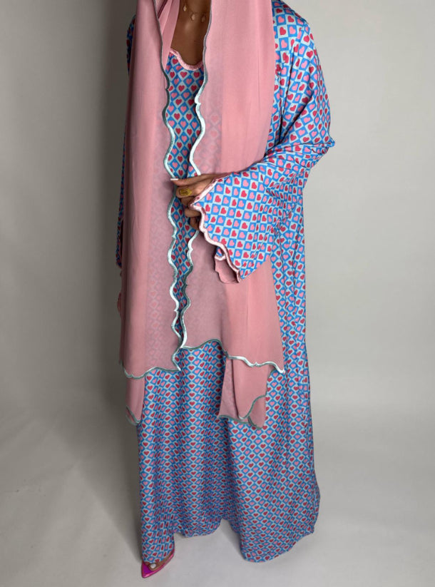 Baby Blue & Pink Heart Pattern Jalabiya with Embroidered Sleeves and Pink Head Scarf