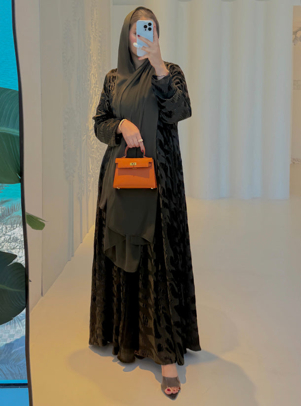 Olive Velvet chiffon abaya with headscarf