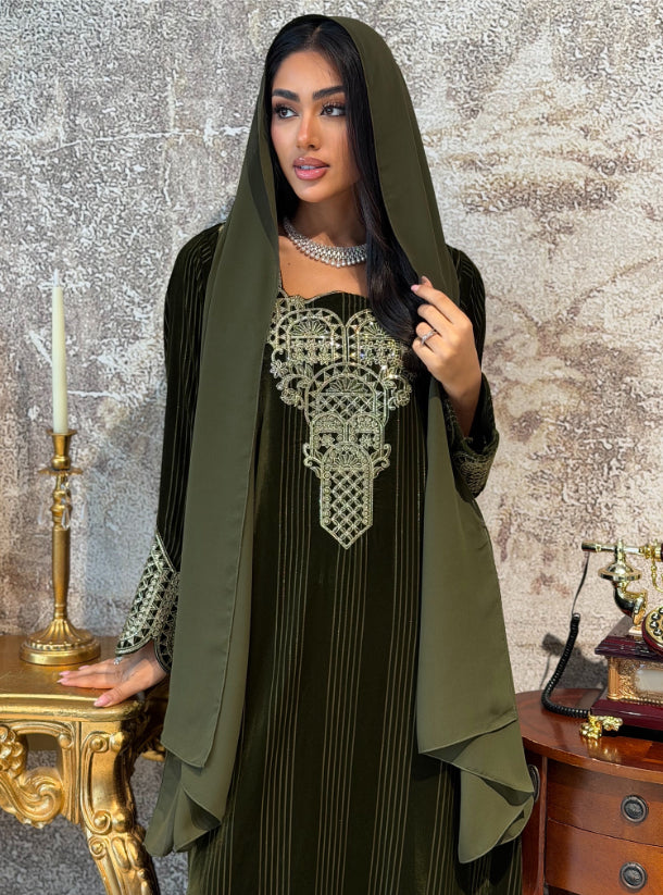 Olive Velvet mukhawar with scarf