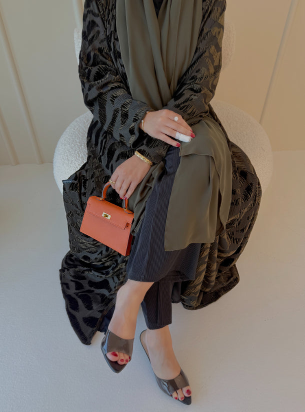 Olive Velvet chiffon abaya with headscarf