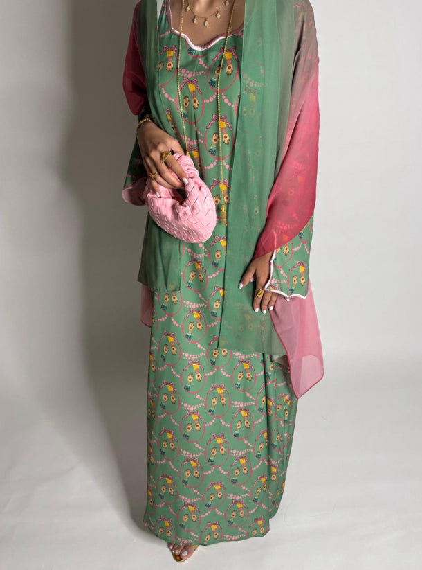 Green & Pink Henna Pattern Jalabiya with Embroidered Sleeves & Matching Ombre Head Scarf