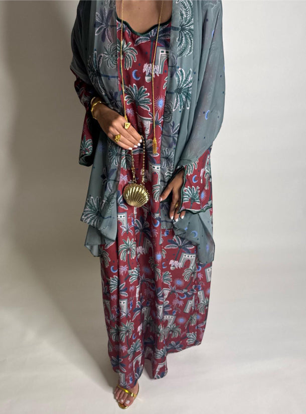 Maroon & Green Moon & Palm Tree Pattern Jalabiya with Matching Green Head Scarf