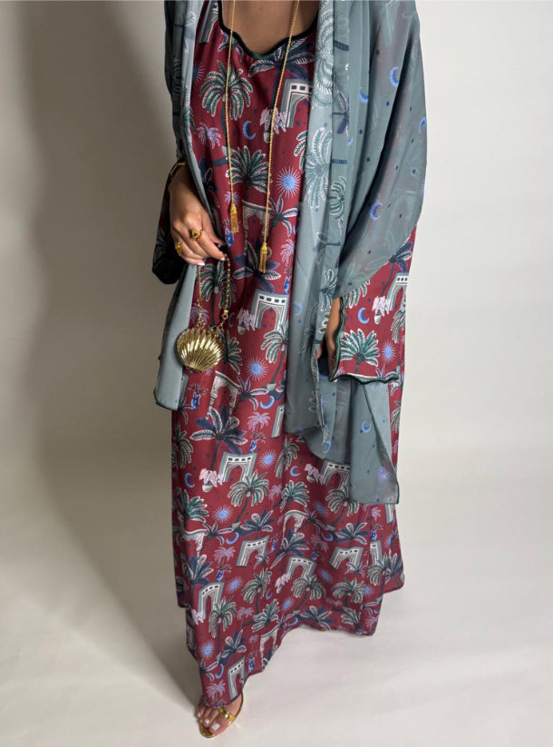 Maroon & Green Moon & Palm Tree Pattern Jalabiya with Matching Green Head Scarf