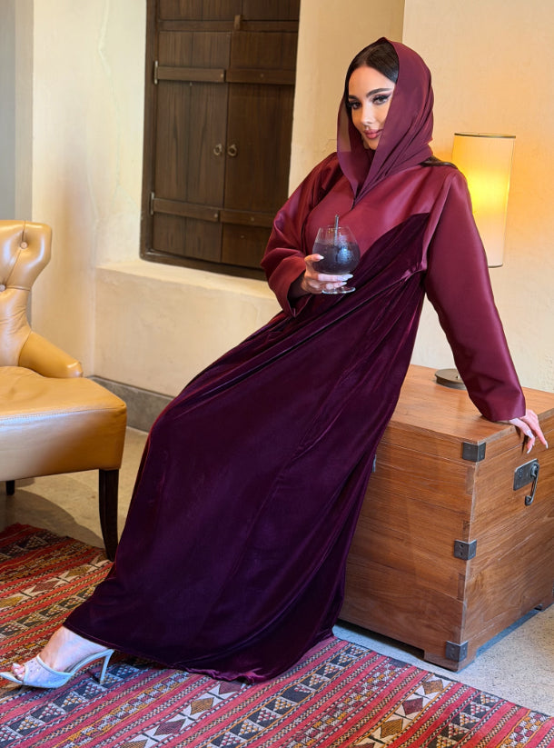 Maroon velvet abaya with Scarf