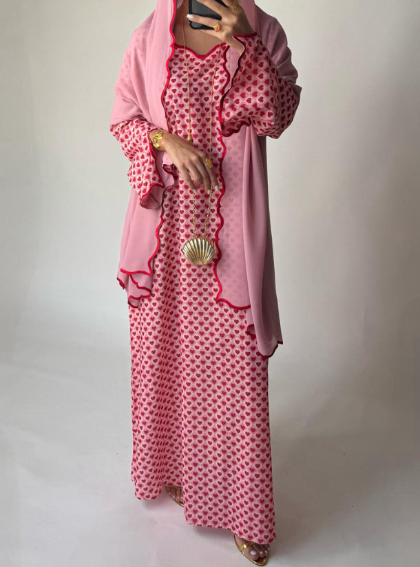 Pink & Red Heart Pattern Jalabiya with Embroidered Sleeves and Pink Head Scarf