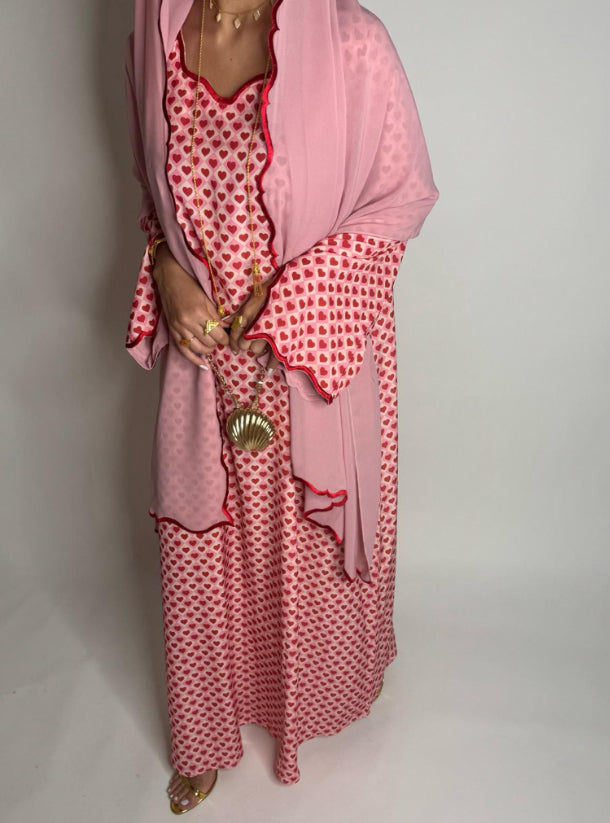 Pink & Red Heart Pattern Jalabiya with Embroidered Sleeves and Pink Head Scarf
