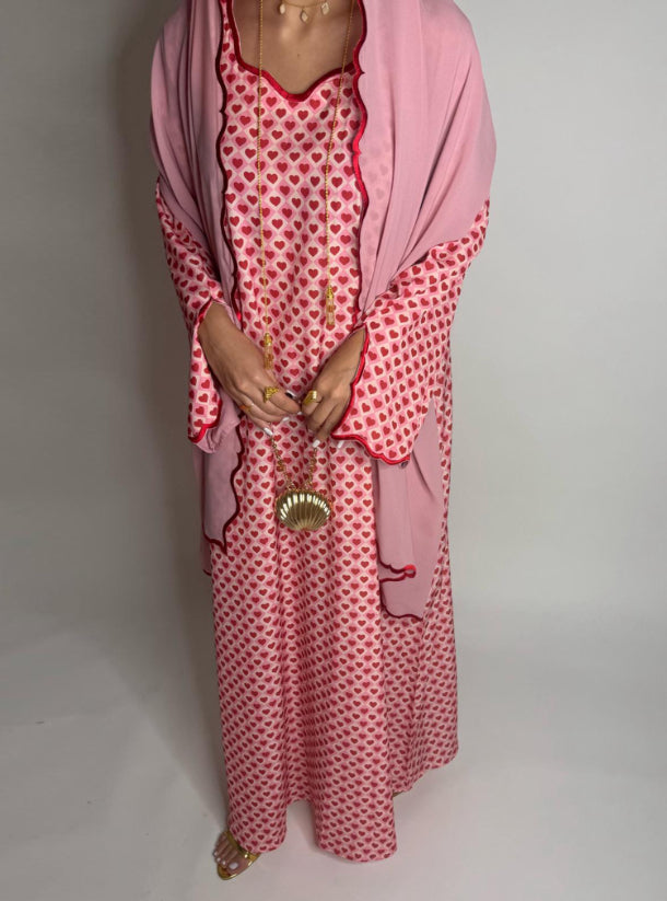 Pink & Red Heart Pattern Jalabiya with Embroidered Sleeves and Pink Head Scarf